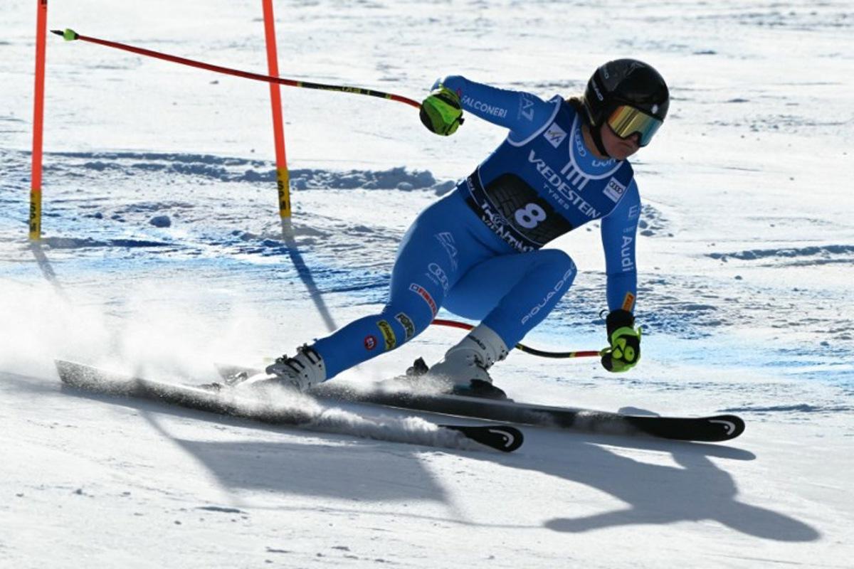 Italy's Laura Pirovano competes in the Women's Downhill race of the FIS Ski World Cup at the La Volata slope in the Passo San Pellegrino ski area, Val di Fassa, Italy on March 6, 2026. The downhill race is a recovery race that was originally scheduled in Crans Montana, Switzerland. Andreas SOLARO / AFP