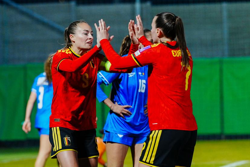 Tessa Wullaert and Hannah Eurlings of Belgium celebrates after scoring the opening goal during a game between Belgium's national women's soccer team the Red Flames and Israel, qualifying game 1/6 for the 2027 FIFA Women's World Cup, on Tuesday 03 March 2026, in Budaors, Hungary. BELGA PHOTO ISTVAN DERENCSENYI