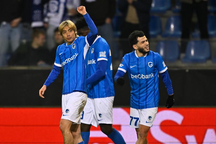 Genk's Junya Ito celebrates after scoring during a soccer game between Belgian team KRC Genk and Croatian GNK Dinamo Zagreb, Thursday 26 February 2026 in Genk, in the play-off for the knockout phase of the UEFA Europa League tournament. Genk won the first leg 1-3. BELGA PHOTO JOHAN EYCKENS