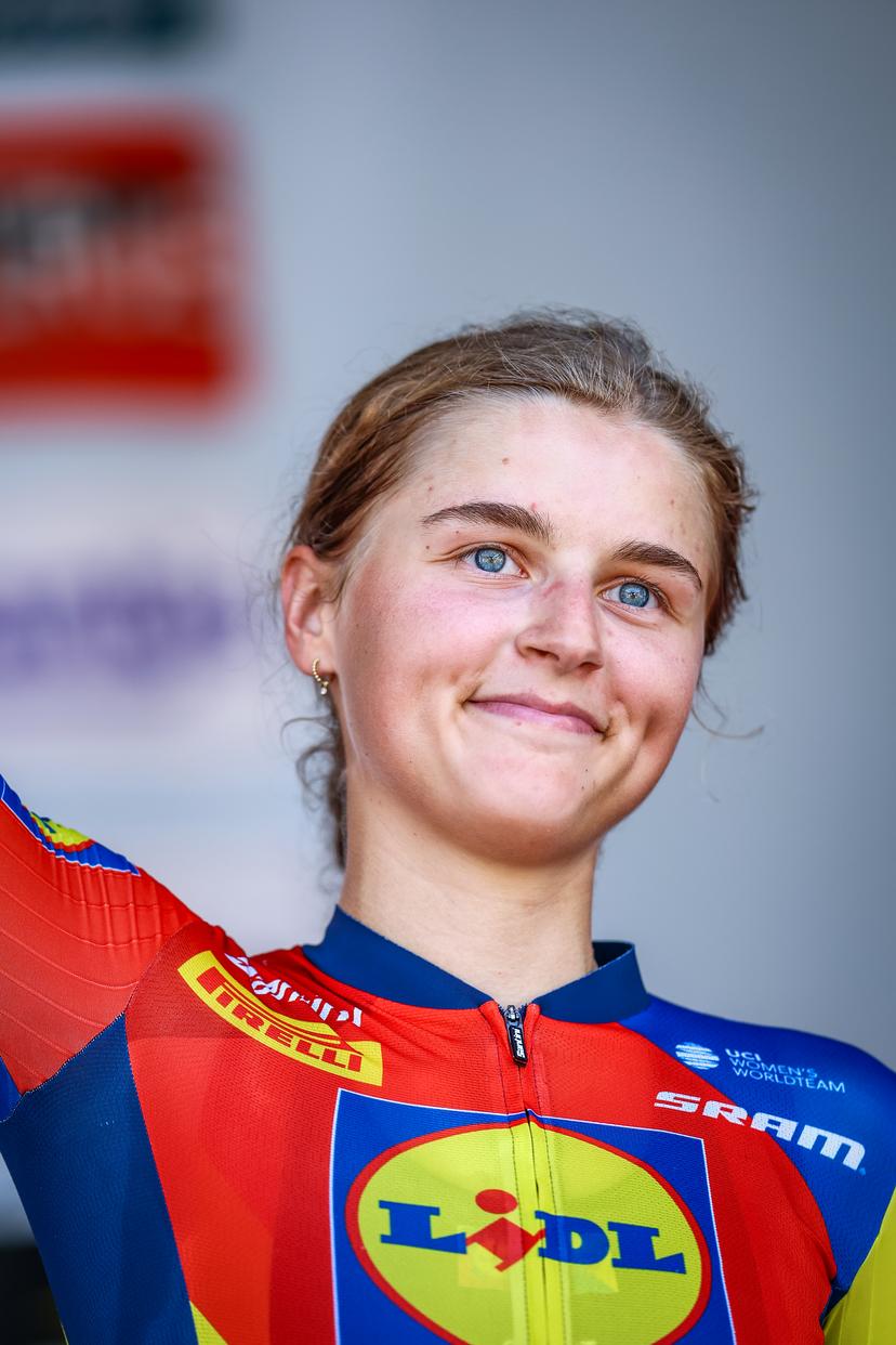 Belgian Fleur Moors of Lidl-Trek pictured on the podium after the women's elite road race of the Belgian Cycling Championships, 132,8 km from and to the Grand Place square in Binche on Sunday 29 June 2025. BELGA PHOTO DAVID PINTENS