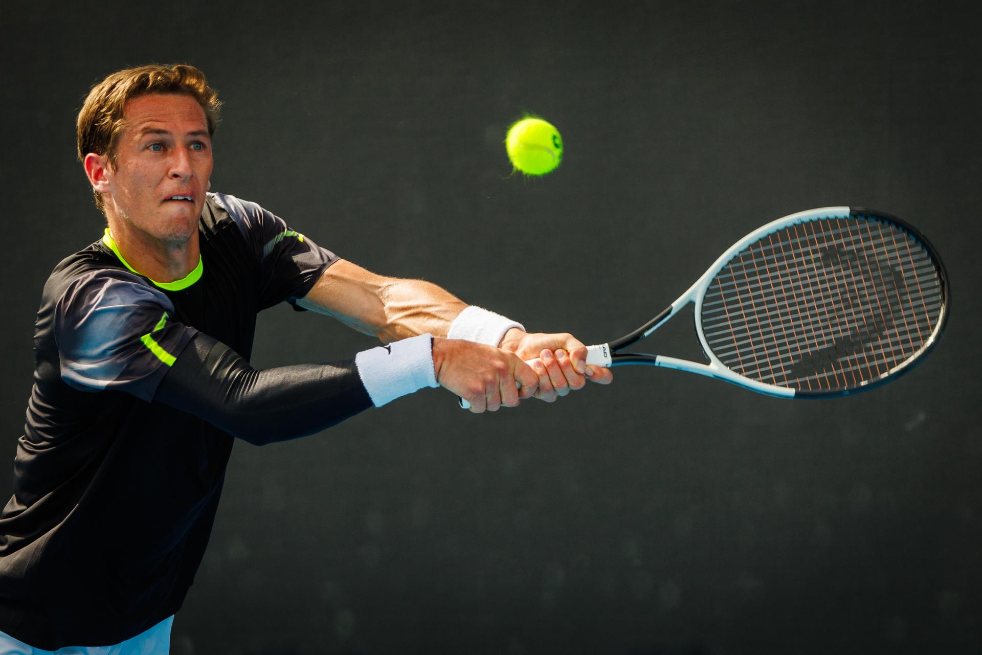 Belgian Kimmer Coppejans pictured in action during a tennis match against Monegasque Vacherot, in the third round of the qualifiers for the men's singles tournament, at the 'Australian Open' Grand Slam tennis tournament, Thursday 09 January 2025 in Melbourne Park, Melbourne, Australia. The 2024 edition of the Australian Grand Slam takes place from January 14th to January 28th. BELGA PHOTO PATRICK HAMILTON