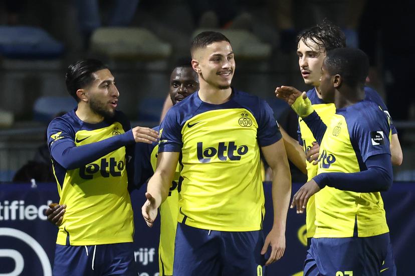 Union's Franjo Ivanovic celebrates after scoring during a soccer match between Royale Union Saint-Gilloise and Royal Antwerp FC, Saturday 29 March 2025 in Brussels, on day 1 (out of 10) of the Champions' Play-offs of the 2024-2025 'Jupiler Pro League' first division of the Belgian championship. BELGA PHOTO BRUNO FAHY