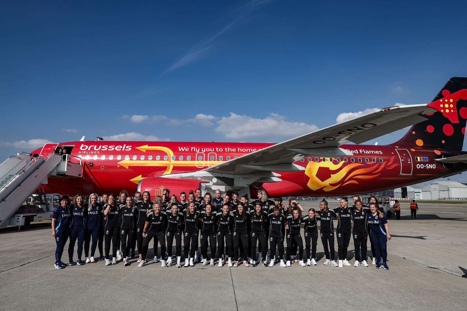 this picture shows the departure of Belgian national soccer team The Red Flames, traveling from Brussels Airport in Zaventem towards Switzerland for the European Championships on Sunday 29 June 2025. The Flames will be playing the UEFA Women's Euro 2025 tournament, starting next week. BELGA PHOTO BRUNO FAHY