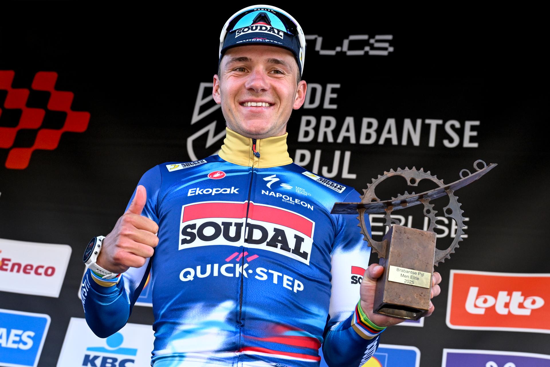 Belgian Remco Evenepoel of Soudal Quick-Step celebrates on the podium after winning the men's 'Brabantse Pijl' one day cycling race, 162,5km from Huizingen, Beersel to Overijse on Friday 18 April 2025. BELGA PHOTO TOM GOYVAERTS