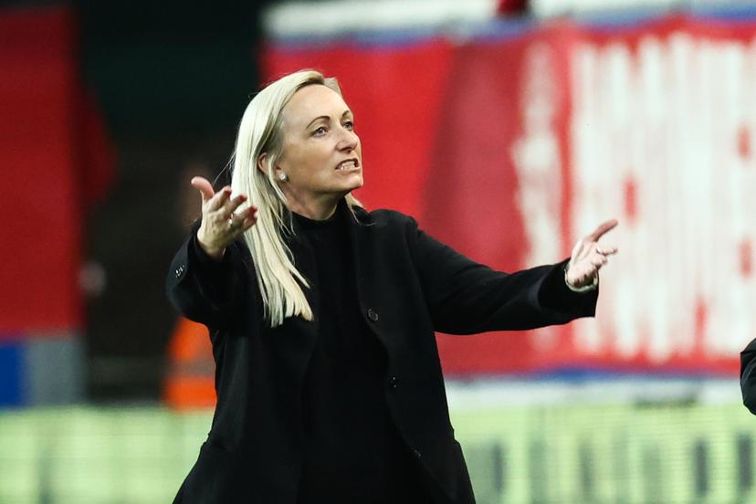 Belgium's head coach Elisabet Gunnarsdottir celebrates during a soccer game between the national teams of Belgium (Red Flames) and England, on the fourth matchday in group A3 of the 2024-25 Women's Nations League competition, on Tuesday 08 April 2025 in Heverlee, Leuven. BELGA PHOTO BRUNO FAHY