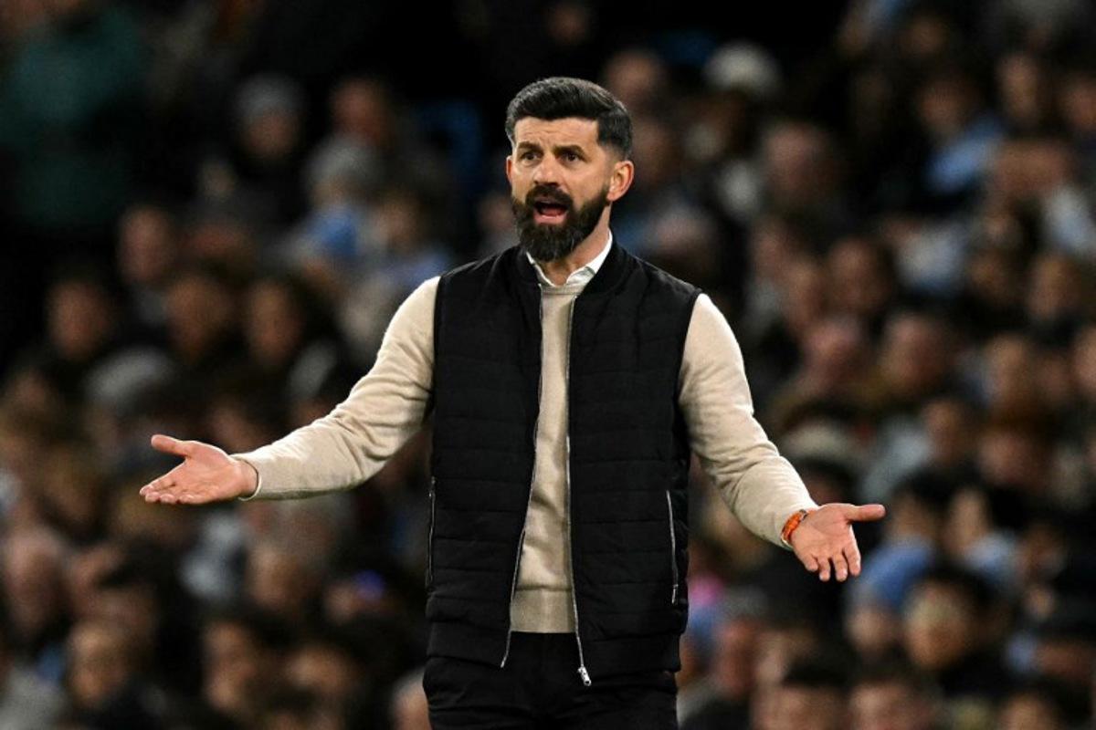 Plymouth's Bosnian-born Austrian head coach Miron Muslic reacts during the English FA Cup fifth round football match between Manchester City and Plymouth Argyle at the Etihad Stadium in Manchester, north west England, on March 1, 2025.  Oli SCARFF / AFP