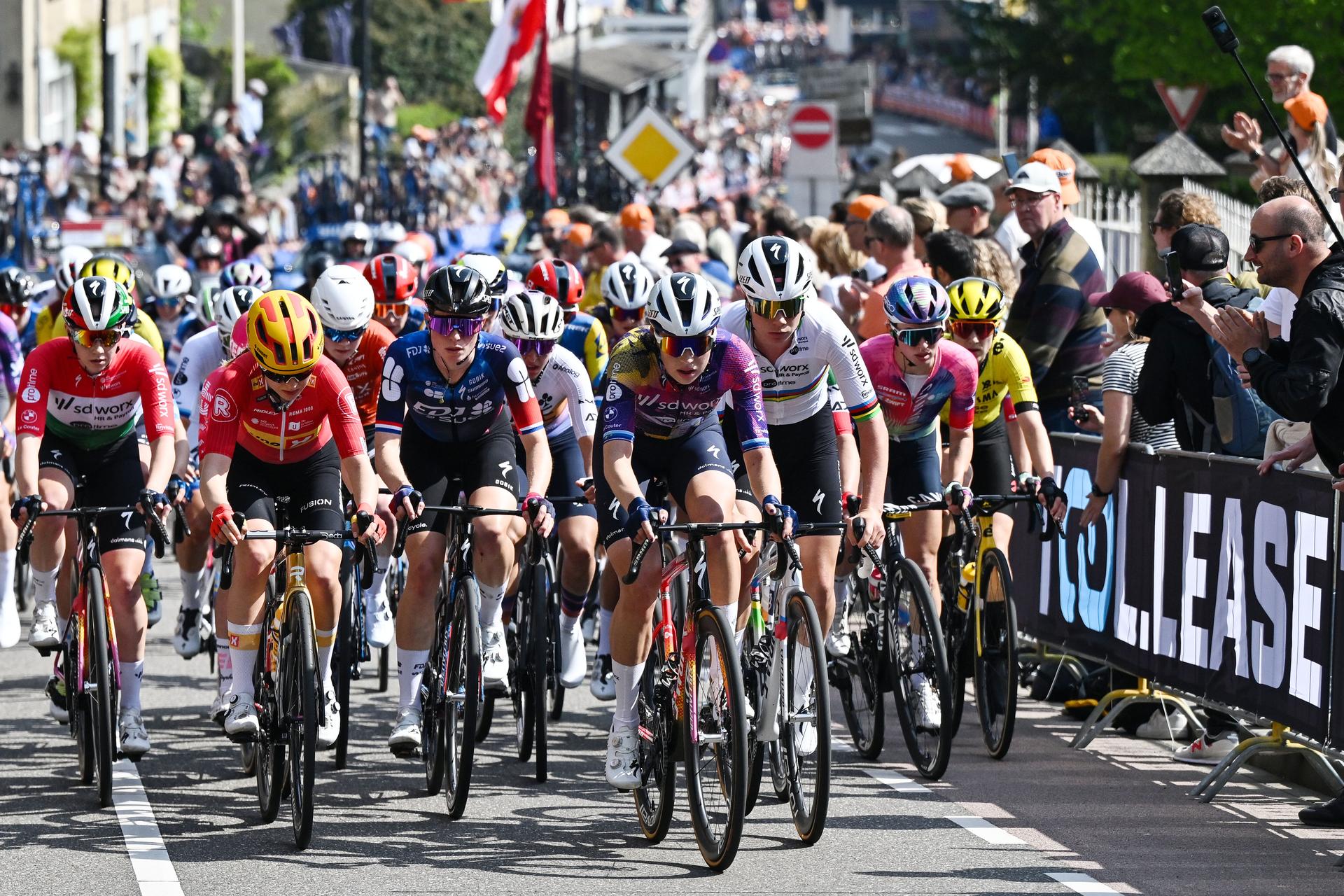 Dutch Demi Vollering of FDJ-Suez, Dutch Mischa Bredewold of SD Worx-Protime and Belgian Lotte Kopecky of SD Worx-Protime pictured in action during the women elite 'Amstel Gold Race' one day cycling race, 157,4 km from Maastricht to Valkenburg, The Netherlands, Sunday 20 April 2025. BELGA POOL LUC CLAESSEN