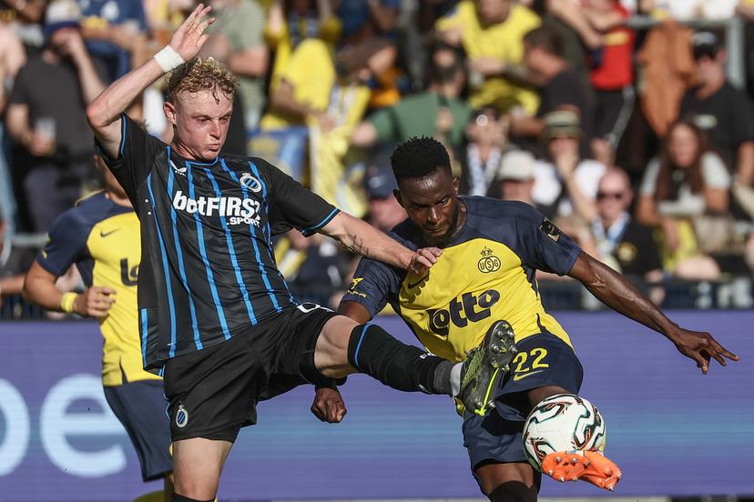 Club's Joaquin Seys and Union's Ousseynou Niang fight for the ball during a soccer match between Royale Union Saint-Gilloise and Club Brugge KV, Sunday 20 July 2025 in Brussels, the 'Super Cup' where the Champions of the Jupiler Pro League Brugge meets the winner of the Croky Cup Union. BELGA PHOTO BRUNO FAHY