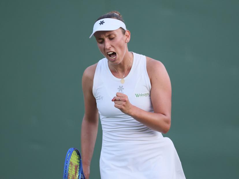 Belgian Elise Mertens reacts at a tennis match between Belgian Mertens and Czech Fruhvirtova, in the first round of the women's singles at the 2025 Wimbledon grand slam tournament, Monday 30 June 2025 at the All England Tennis Club, in South-West London, Britain. BELGA PHOTO BENOIT DOPPAGNE