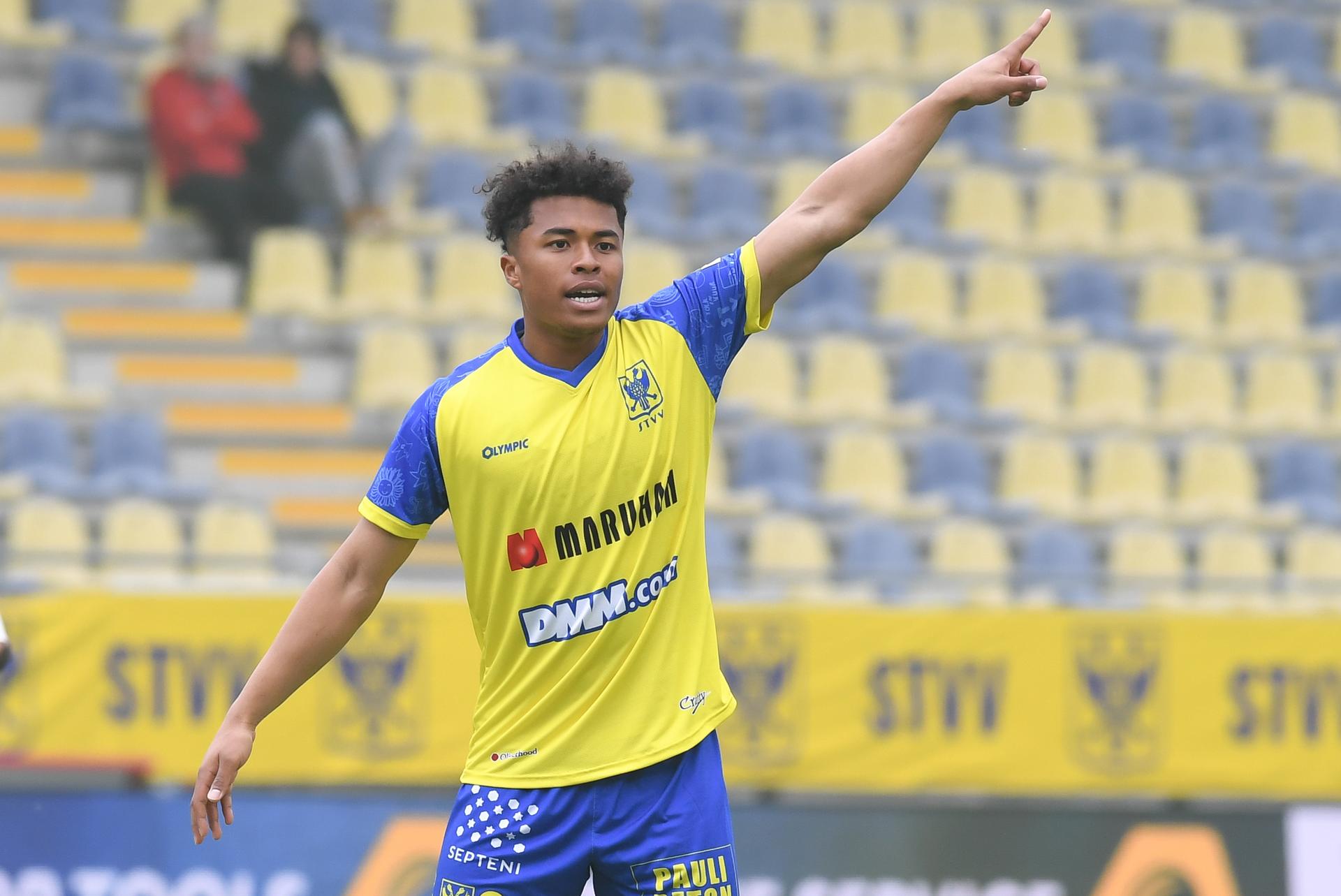 STVV's Joel Fujita pictured during a soccer match between Sint-Truidense VV and K. Beerschot V.A., Sunday 04 May 2025 in Sint-Truiden, on day 5 (out of 6) of the Relegation Play-offs of the 2024-2025 'Jupiler Pro League' first division of the Belgian championship. BELGA PHOTO JILL DELSAUX