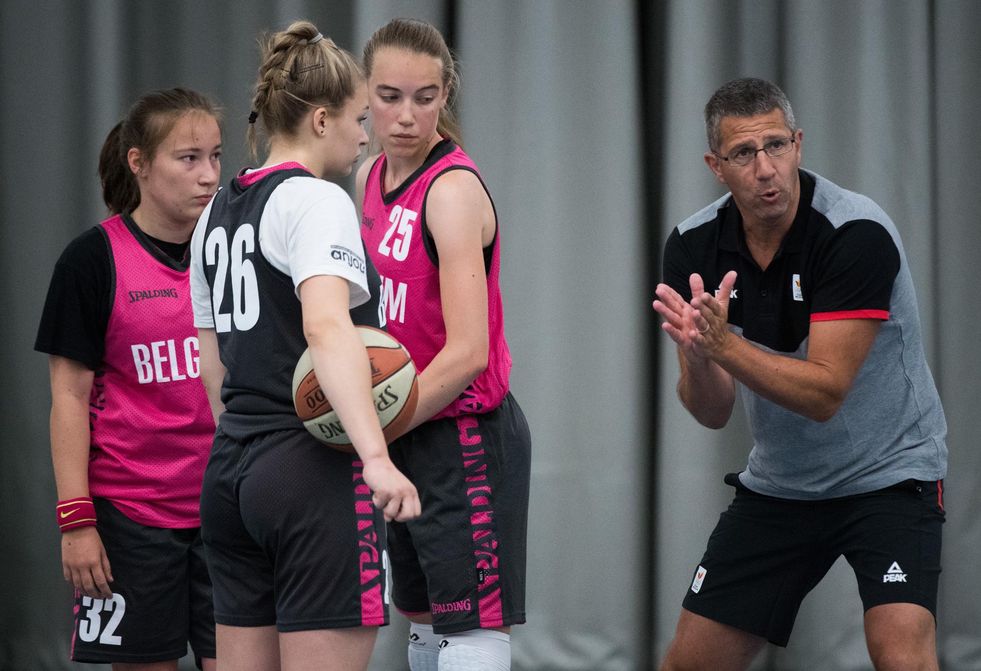 The national Belgian youth basketball team pictured during a training session organised by Belgian olympic committee to present the Belgian team members who will take part at the European Youth Olympic Festival in Baku, Azerbaidjan from 20 to 27 July, Tuesday 16 July 2019, in Gent. BELGA PHOTO BENOIT DOPPAGNE