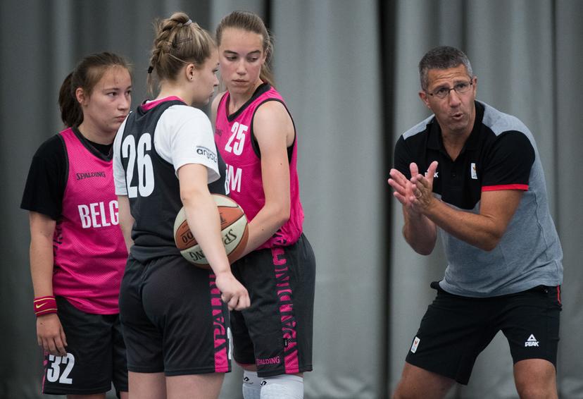 The national Belgian youth basketball team pictured during a training session organised by Belgian olympic committee to present the Belgian team members who will take part at the European Youth Olympic Festival in Baku, Azerbaidjan from 20 to 27 July, Tuesday 16 July 2019, in Gent. BELGA PHOTO BENOIT DOPPAGNE