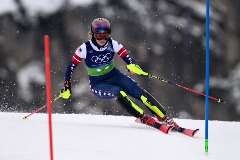 USA's Mikaela Shiffrin competes in the slalom run of the women's team combined event during the Milano Cortina 2026 Winter Olympic Games at the Tofane Alpine Skiing Centre in Cortina d'Ampezzo on February 10, 2026.  Marco BERTORELLO / AFP