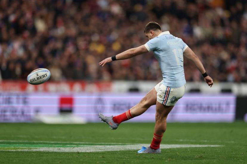 France's full-back Thomas Ramos kicks a conversion during the Six Nations international rugby union match between France and England at the Stade de France, in Saint-Denis, north of Paris, on March 14, 2026.  FRANCK FIFE / AFP