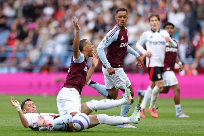 Fulham's Serbian midfielder #20 Sasa Lukic (L) vies with Aston Villa's Belgian midfielder #08 Youri Tielemans (2L) during the English Premier League football match between Aston Villa and Fulham at Villa Park in Birmingham, central England on May 3, 2025.  Adrian Dennis / AFP