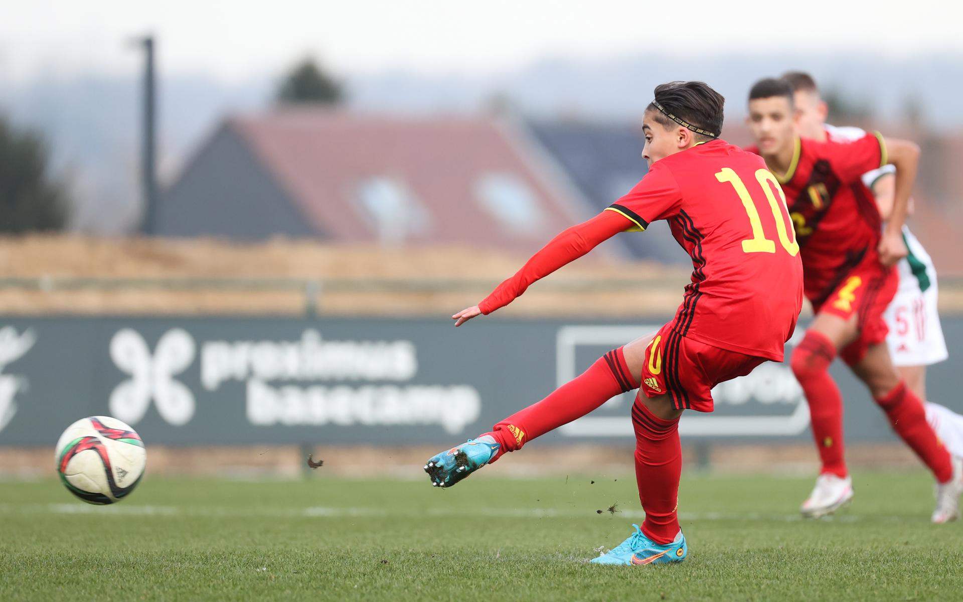 Belgium's Rayane Bounida scores from penalty during the friendly match between Belgium and Hungary, Tuesday 01 March 2022 in Tubize, Belgian national soccer center. BELGA PHOTO VIRGINIE LEFOUR