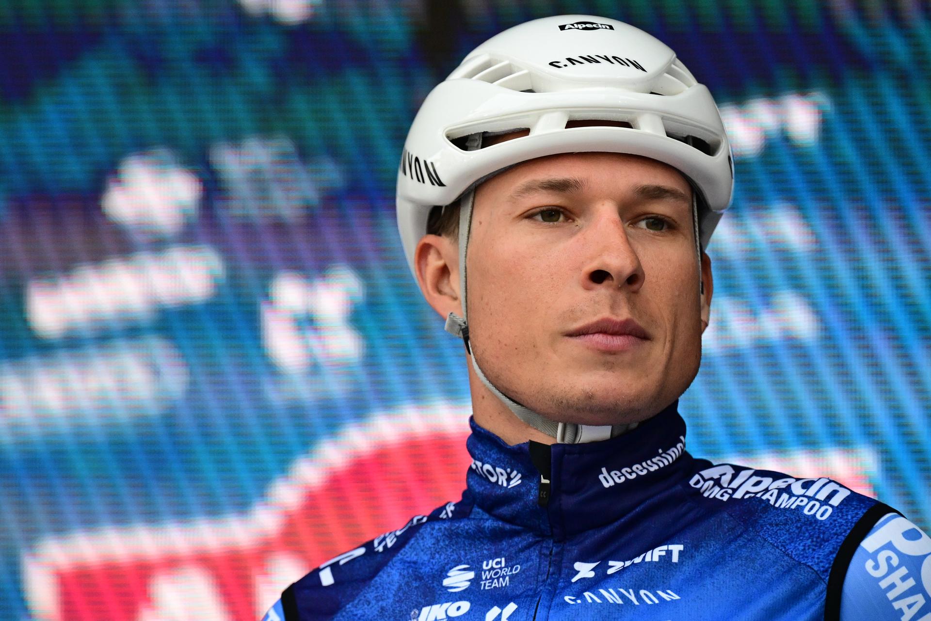 Belgium's Jasper Philipsen of Alpecin-Premier Tech pictured during the team presentation at the start of the 78th edition of the men elite race of the Kuurne-Brussels-Kuurne one day cycling race, 195 km from Kuurne to Kuurne via Brussels, Sunday 01 March 2026.  BELGA PHOTO DIRK WAEM