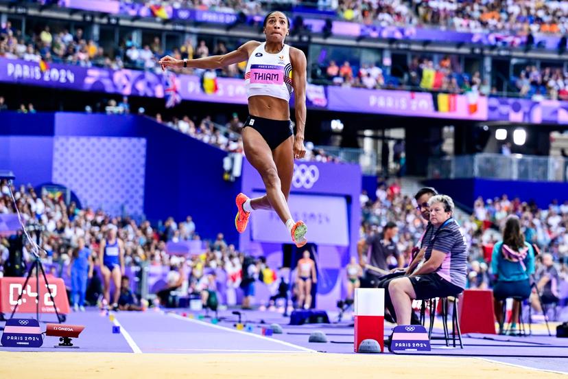Belgian athlete Nafissatou Nafi Thiam pictured in action during the long jump, fifth event of the women's heptathlon at the athletics competition at the Paris 2024 Olympic Games, on Friday 09 August 2024 in Paris, France. The Games of the XXXIII Olympiad are taking place in Paris from 26 July to 11 August. The Belgian delegation counts 165 athletes competing in 21 sports. BELGA PHOTO DIRK WAEM