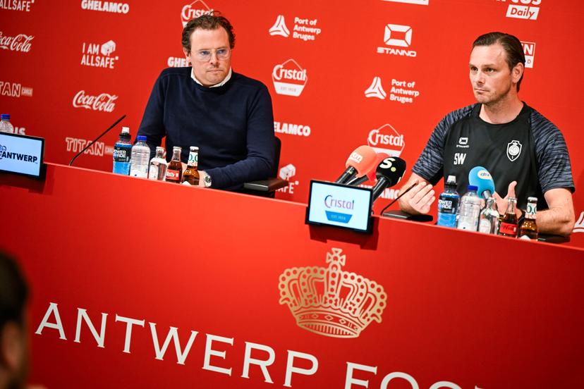 Antwerp's general manager Sven Jaecques and Antwerp's head coach Stef Wils pictured during a press conference of Belgian soccer team Royal Antwerp FC, Wednesday 25 June 2025 in Antwerp, in preparation of the upcoming 2025-2026 Belgian first division soccer season. BELGA PHOTO TOM GOYVAERTS