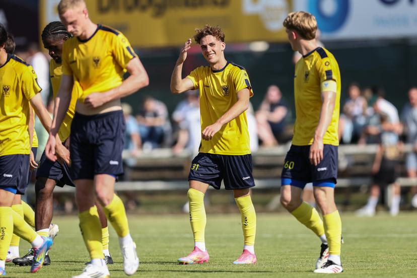 STVV's Illyes Benachour celebrates after scoring during a friendly soccer game between amateurs KVV Zepperen-Brustem and first division club Sint-Truidense VV, Saturday 21 June 2025 in Zepperen, Sint-Truiden, in preparation of the upcoming season. BELGA PHOTO BRUNO FAHY