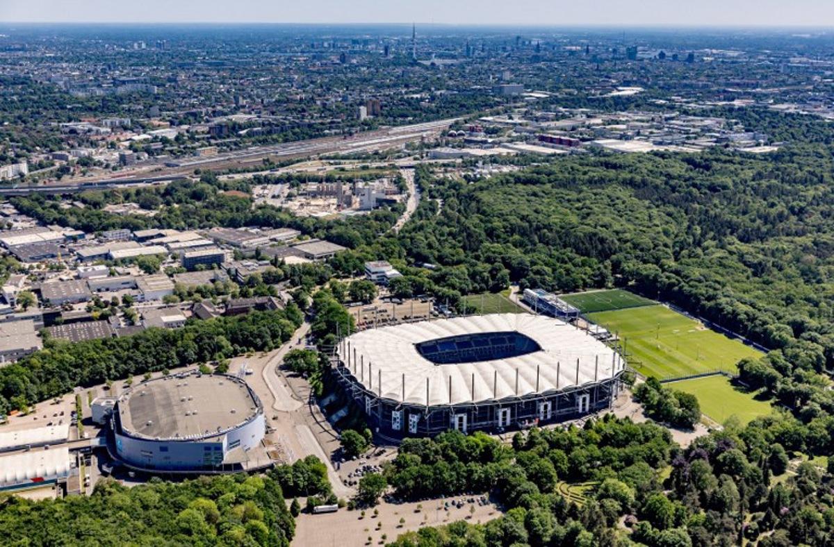 An aerial view shows the 'Volksparkstadion', home stadium of german football club Hamburger SV, taken from a plane on May 14, 2024 in Hamburg, northern Germany. The UEFA EURO 2024 European Football Championship will take place from June 14 to July 14 in ten stadiums around Germany including Hamburgs's 'Volksparkstadion', home of the HSV, called the Hamburg Arena during the Euros. Axel Heimken / AFP