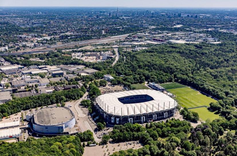 An aerial view shows the 'Volksparkstadion', home stadium of german football club Hamburger SV, taken from a plane on May 14, 2024 in Hamburg, northern Germany. The UEFA EURO 2024 European Football Championship will take place from June 14 to July 14 in ten stadiums around Germany including Hamburgs's 'Volksparkstadion', home of the HSV, called the Hamburg Arena during the Euros. Axel Heimken / AFP