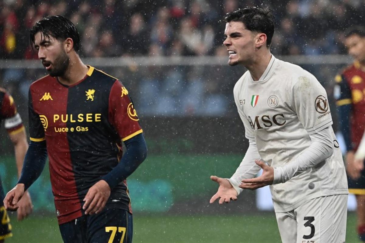 Napoli's Spanish defender #03 Miguel Gutierrez reacts during the Italian Serie A football match between Genoa and Napoli at the Luigi Ferraris stadium in Genoa on February 7, 2026.  Isabella BONOTTO / AFP