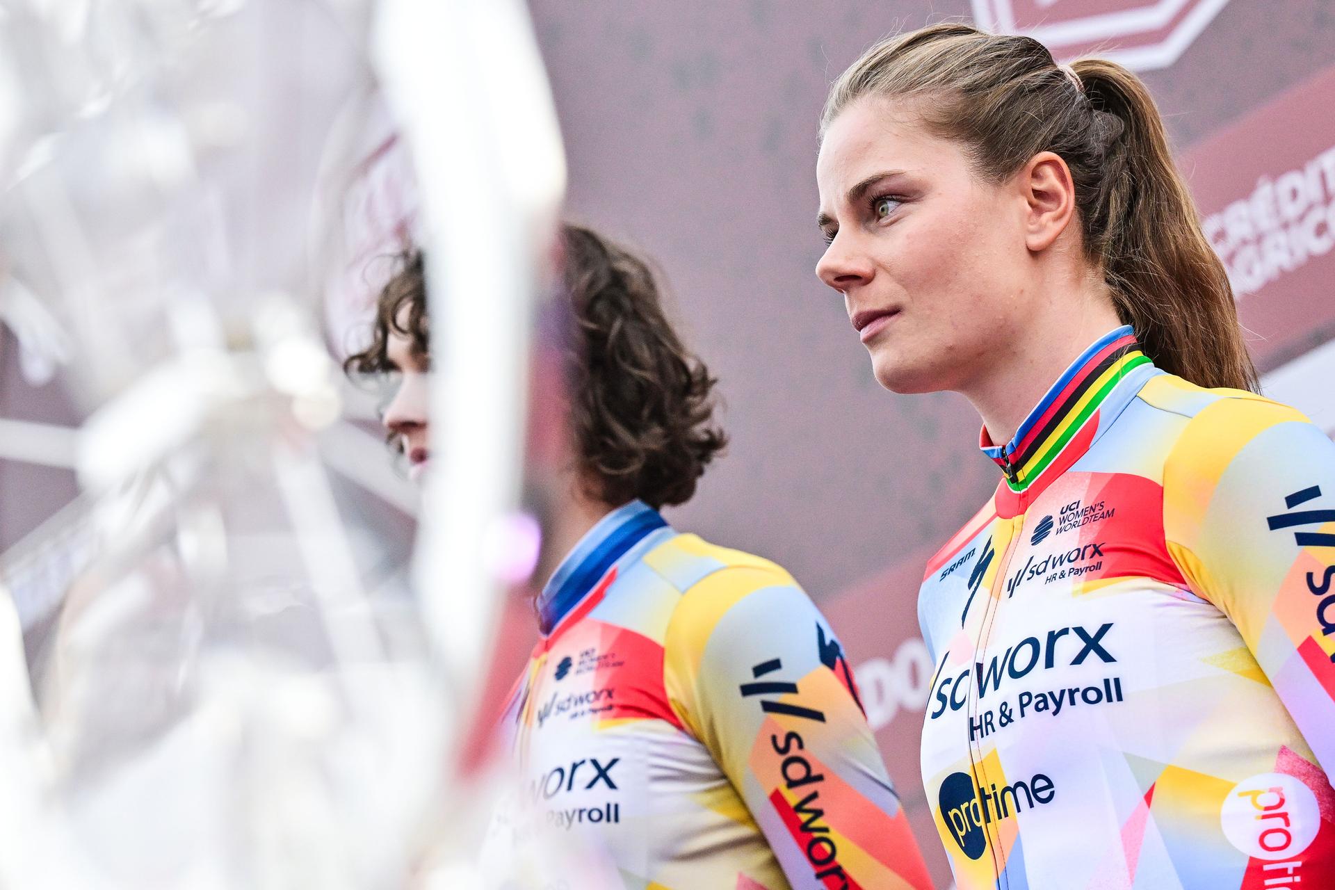 Belgian Lotte Kopecky pictured during the team presentations ahead of the 'Strade Bianche' one day cycling race from and to Siena, Italy, Friday 06 March 2026. BELGA PHOTO DIRK WAEM