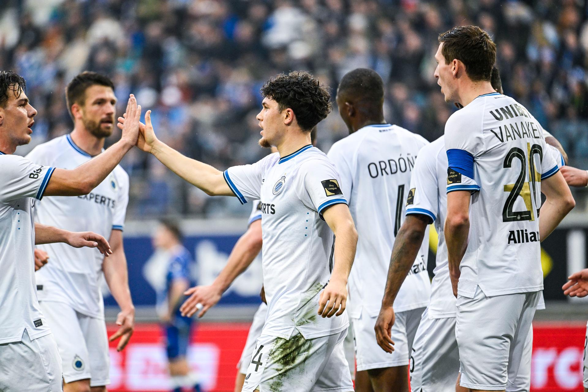 Club's Kyriani Sabbe celebrates after scoring during a soccer match between KAA Gent and Club Brugge, Sunday 20 April 2025 in Gent, on day 4 (out of 10) of the Champions' Play-offs of the 2024-2025 'Jupiler Pro League' first division of the Belgian championship. BELGA PHOTO TOM GOYVAERTS