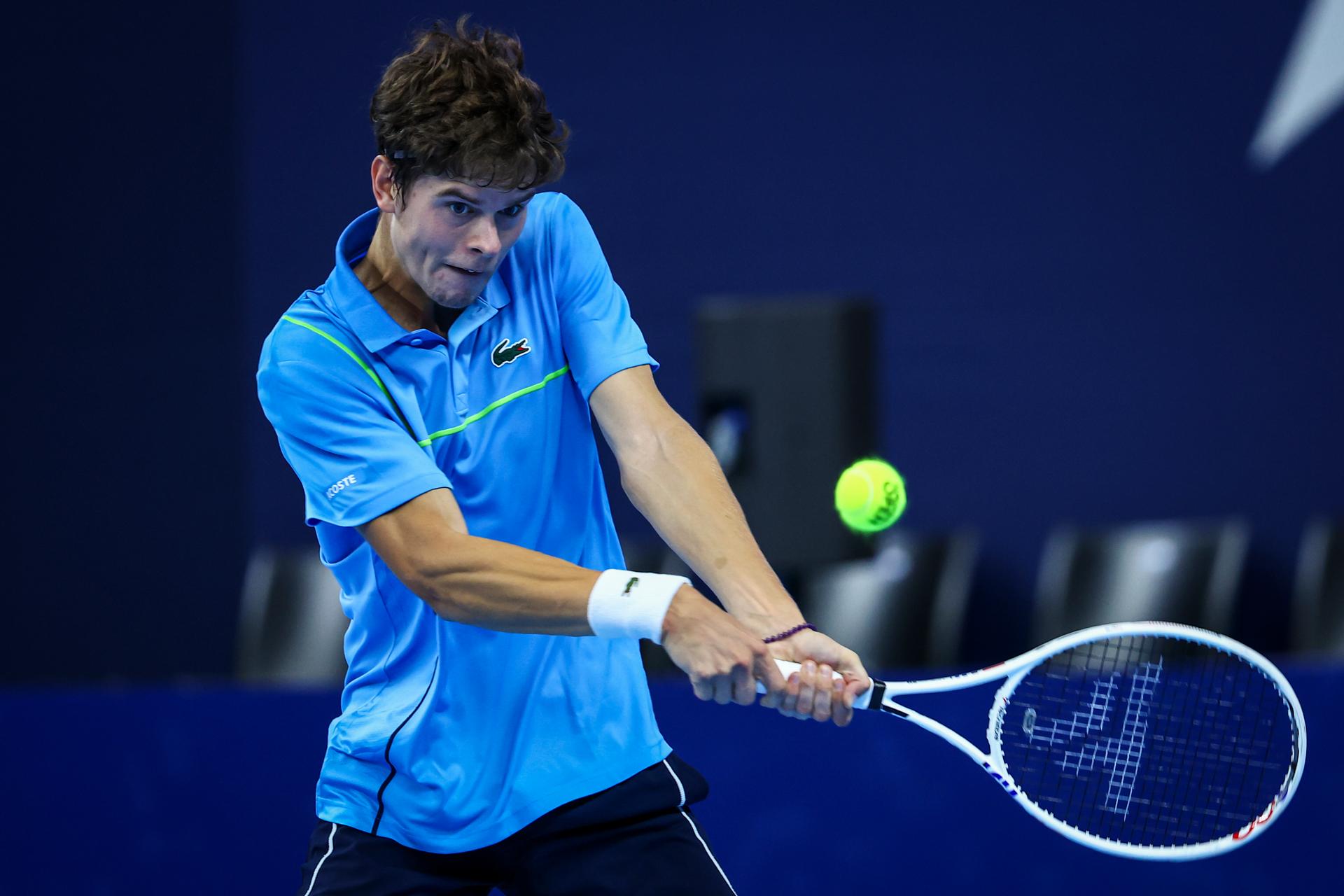 Belgian Alexander Blockx pictured in action during a tennis match in the round of 32 of the singles competition at the ATP European Open Tennis tournament in Antwerp, Tuesday 15 October 2024. BELGA PHOTO DAVID PINTENS