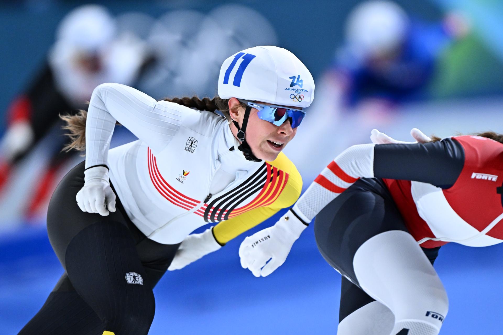 Belgian Sandrine Tas pictured in action during the semifinals of the mass start women Speed Skating at the Milano Cortina 2026 Olympic Winter Games, on Saturday 21 February 2026 in Milan, Italy. The XXV Winter Olympics take place from 6 to 22 February 2026 in Italy. BELGA PHOTO JASPER JACOBS