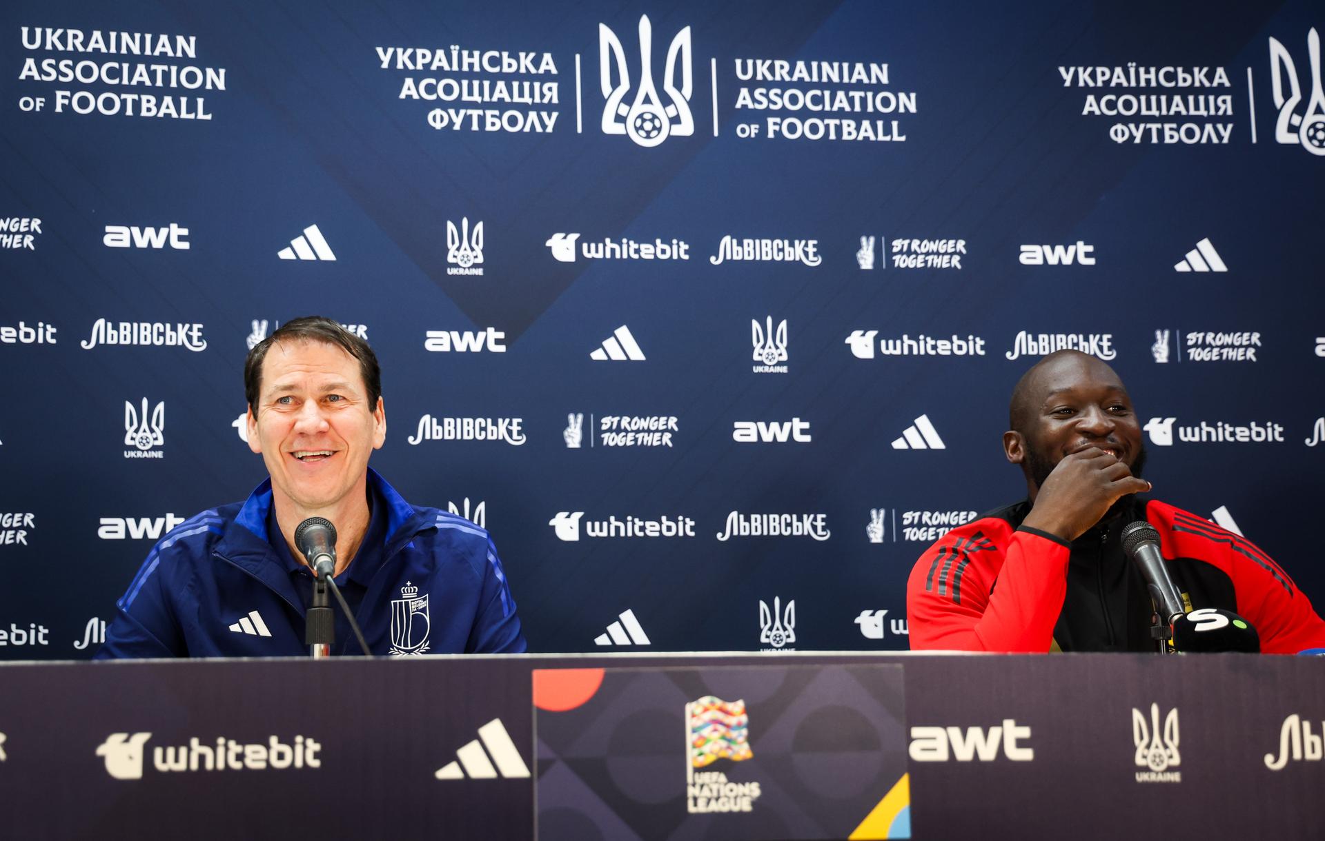 Belgium's head coach Rudi Garcia and Belgium's Romelu Lukaku pictured during a press conference of Belgian national soccer team the Red Devils, Wednesday 19 March 2025 in Murcia, Spain, ahead of tomorrow's game against Ukraine, in the Nations League group phase. BELGA PHOTO VIRGINIE LEFOUR