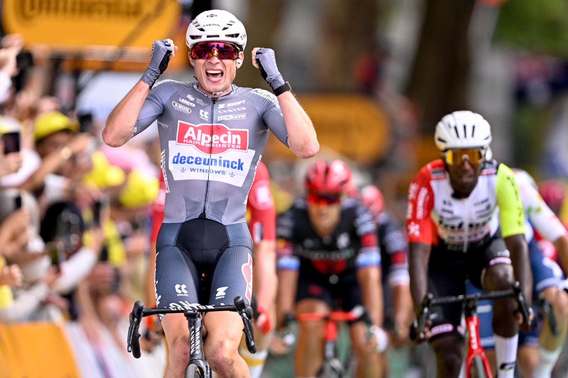 Belgian Jasper Philipsen of Alpecin-Deceuninck celebrates after winning the first stage, Lille Metropole to Lille Metropole (185 km), of the 2025 Tour de France cycling race, in Lille, France, on Saturday 05 July 2025. The 112th edition of the Tour de France starts on Saturday 5 July in Lille, France, and will finish in Paris, France on the 27th of July. BELGA PHOTO JASPER JACOBS