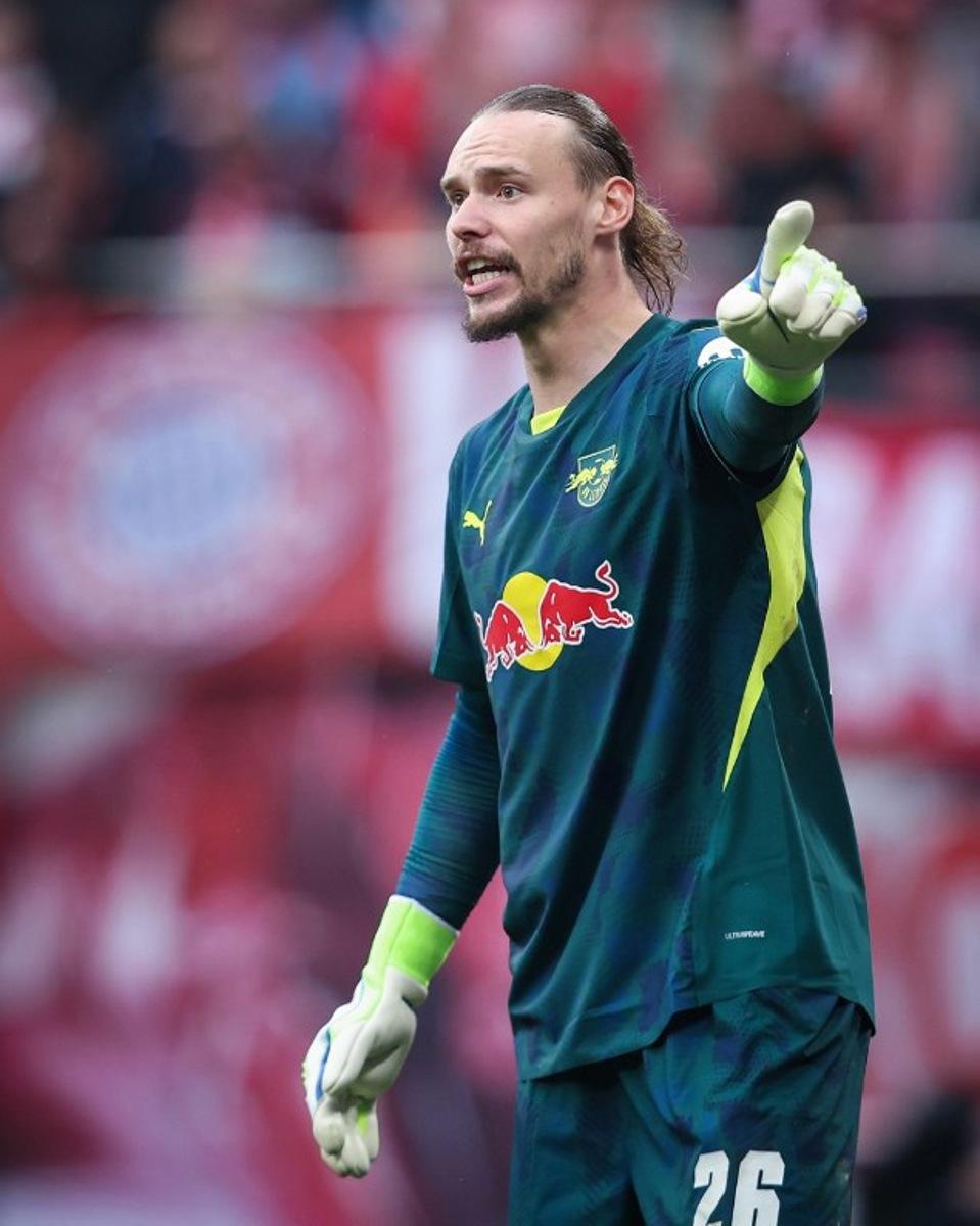 Leipzig's Belgian goalkeeper #26 Maarten Vandevoordt gestures during the German first division Bundesliga football match between RB Leipzig and FC Bayern Munich in Leipzig, eastern Germany on May 3, 2025.  Ronny Hartmann / AFP