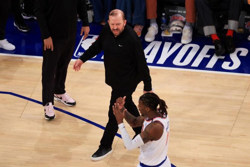 The Knicks' US coach Tom Thibodeau reacts during a time out in Game Five of the Eastern Conference Finals of the 2025 NBA Playoffs between the New York Knicks and the Indiana Pacers at Madison Square Garden in New York on May 29, 2025.  CHARLY TRIBALLEAU / AFP