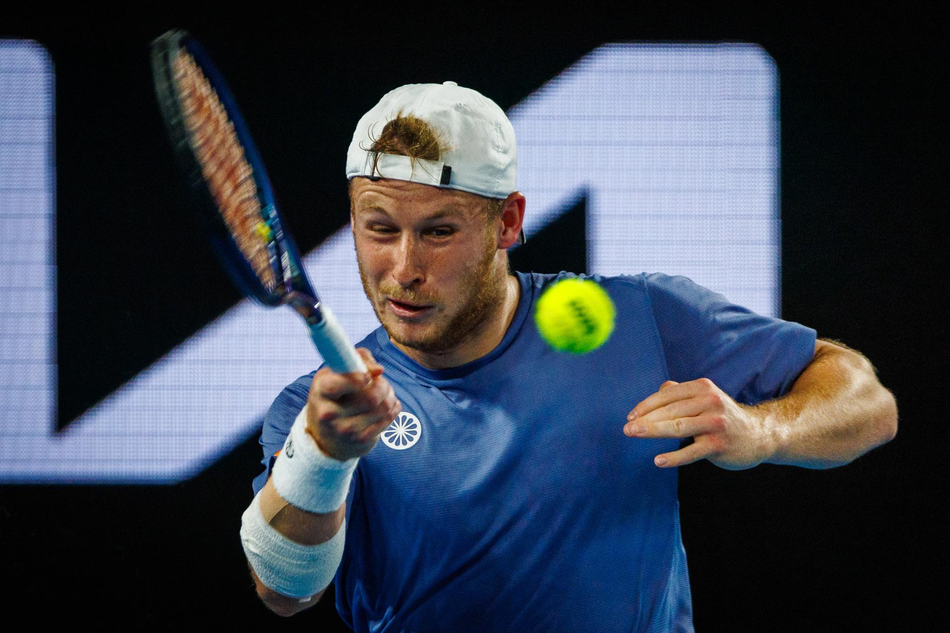 Belgian Gauthier Onclin pictured in action during a men's singles first round game between Belgian Onclin and American Opelka, at the 'Australian Open' Grand Slam tennis tournament, Sunday 12 January 2025 in Melbourne Park, Melbourne, Australia. The 2025 edition of the Australian Grand Slam takes place from January 12th to January 26th. BELGA PHOTO PATRICK HAMILTON