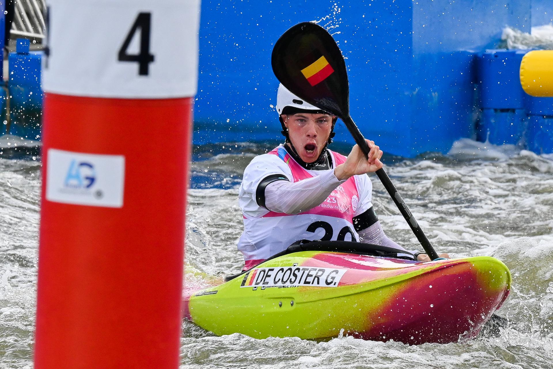 Canoe Slalom Athlete Gabriel De Coster pictured in action during the qualifications of the Canoe Kayak slalom cross event at the European Games in Krakow, Poland on Saturday 01 July 2023. The 3rd European Games, informally known as Krakow-Malopolska 2023, is a scheduled international sporting event that will be held from 21 June to 02 July 2023 in Krakow and Malopolska, Poland. BELGA PHOTO TEAM BELGIUM