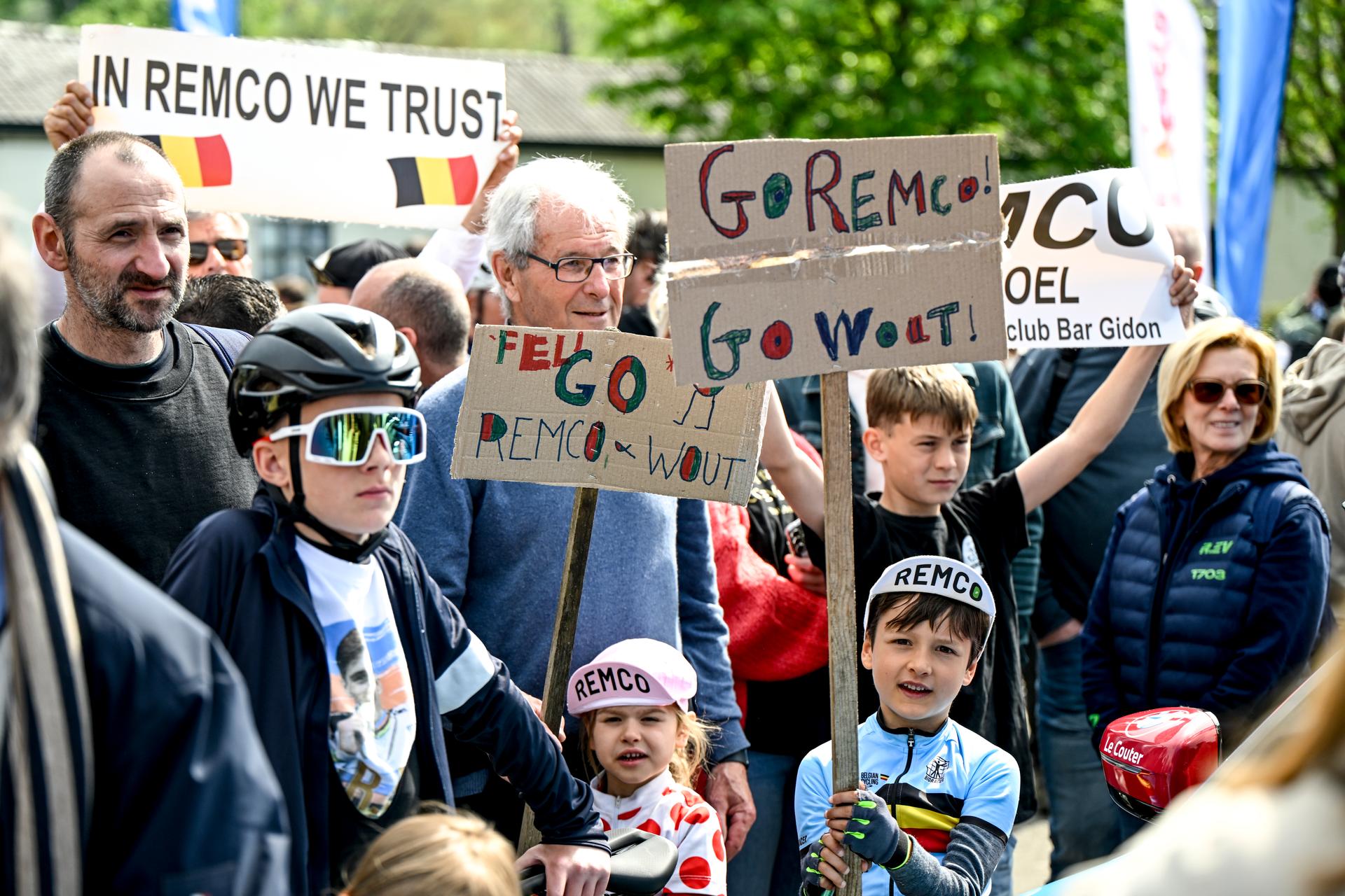 Fans of Remco Evenepoel pictured ahead of the men's 'Brabantse Pijl' one day cycling race, 162,5km from Huizingen, Beersel to Overijse on Friday 18 April 2025. BELGA PHOTO TOM GOYVAERTS
