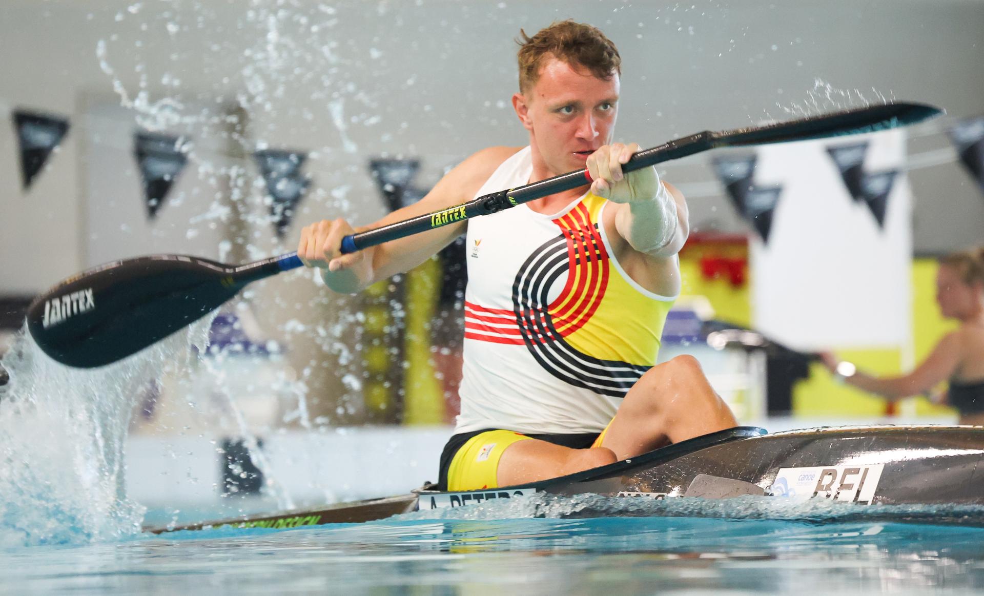 Belgian Artuur Peters pictured in action during a canoeing training session in preparation of the upcoming Olympic Games, Tuesday 16 July 2024 at the Wezenberg swimming pool in Antwerp. Belgian athletes are in full preparation for the 2024 Olympic Games in Paris, which will take place from July 26th to August 11th. BELGA PHOTO VIRGINIE LEFOUR