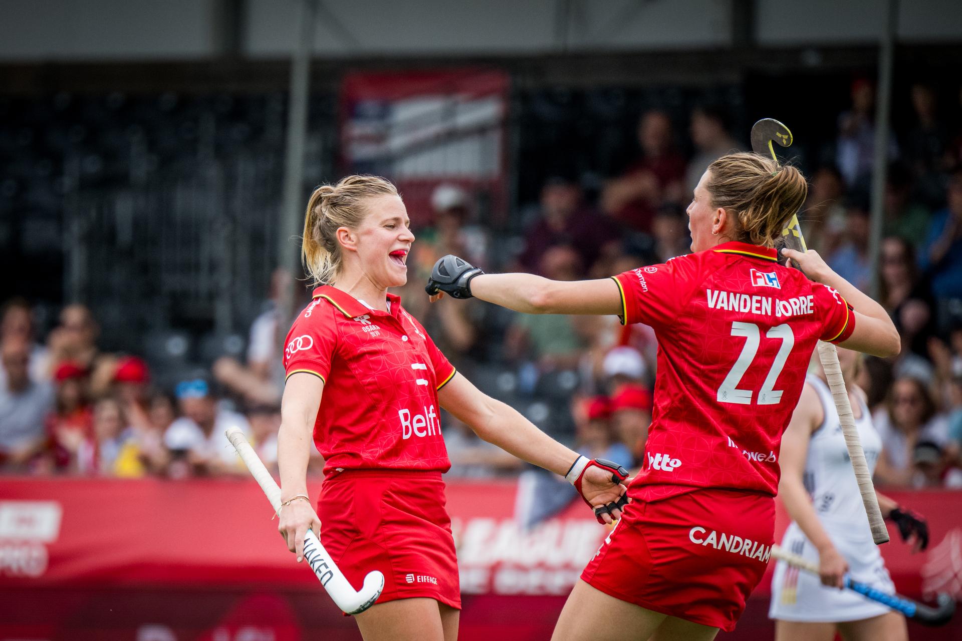 Belgium's Alix Gerniers and Belgium's Stephanie Vanden Borre celebrate after scoring during a hockey game between Belgian national team Red Panthers and Germany, match 9/16 in the group stage of the 2025 women's FIH Pro League, Saturday 14 June 2025, in Antwerp. BELGA PHOTO JASPER JACOBS