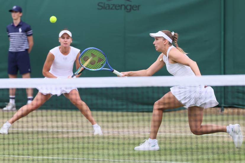 Russian Veronika Kudermetova and Belgian Elise Mertens pictured during a doubles tennis match against Czech-Kazakh pair Bouzkova-Danilina, in the second round of the women's doubles at the 2025 Wimbledon grand slam tournament, Saturday 05 July 2025 at the All England Tennis Club, in South-West London, Britain. BELGA PHOTO BENOIT DOPPAGNE