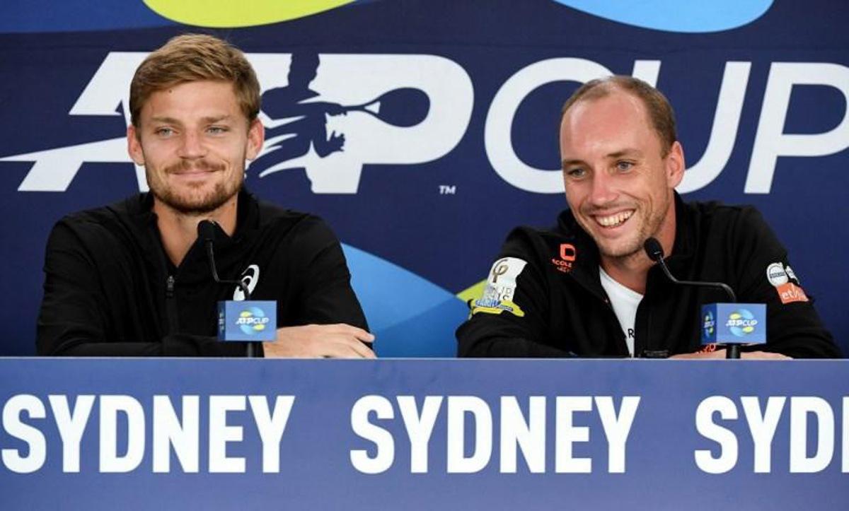Belgium's David Goffin (L) and Steve Darcis attend a press conference in Sydney on January 2, 2020, ahead of the ATP Cup tennis tournament.   William WEST / AFP --IMAGE RESTRICTED TO EDITORIAL USE - NO COMMERCIAL USE--

