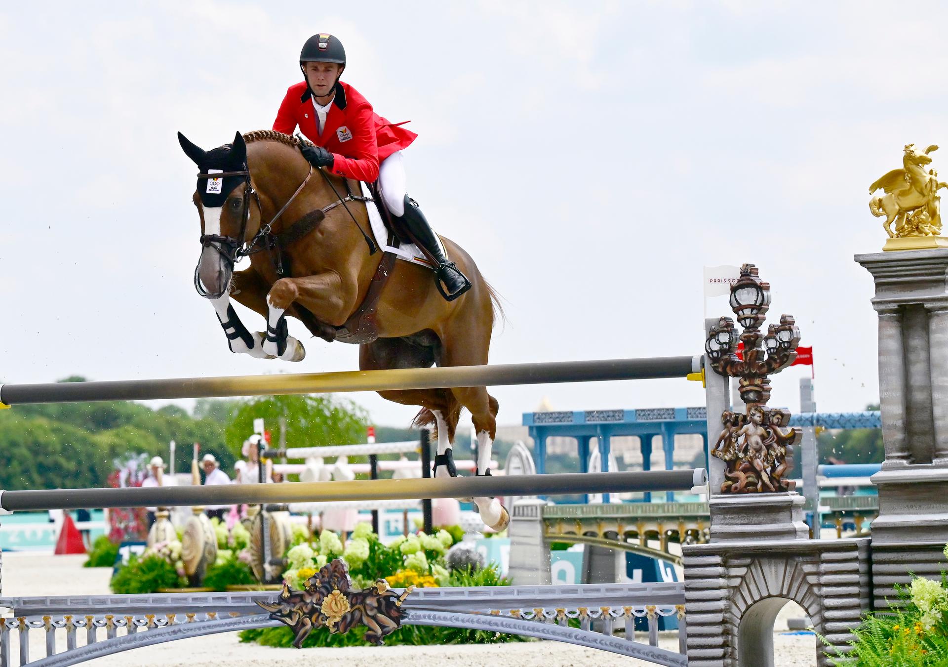 Belgian rider Gilles Thomas and his horse Ermitrage Kalone pictured in action during the Equestrian Jumping Team final at the Paris 2024 Olympic Games, on Friday 02 August 2024 in Paris, France. The Games of the XXXIII Olympiad are taking place in Paris from 26 July to 11 August. The Belgian delegation counts 165 athletes competing in 21 sports. BELGA PHOTO DIRK WAEM