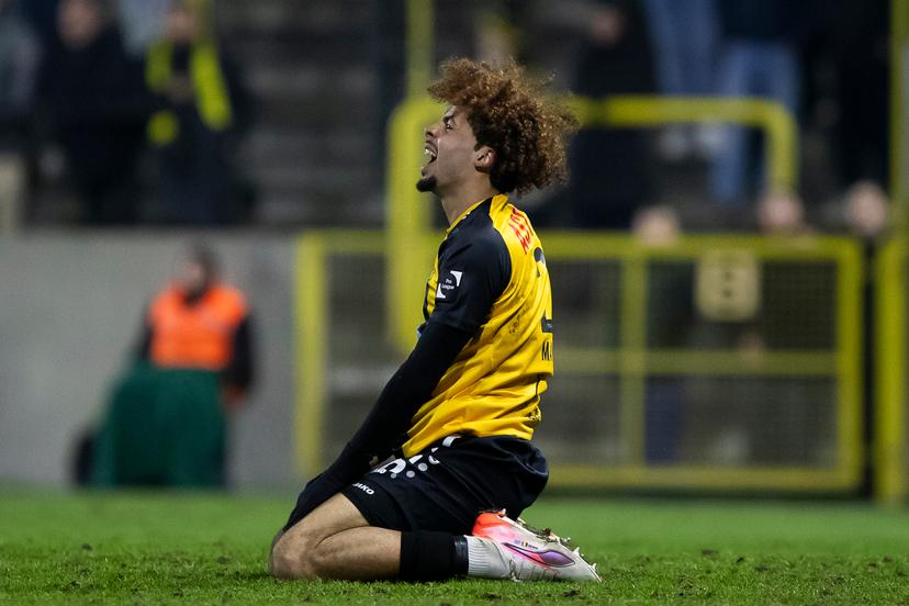Lierse's Noah Mawete Kinsiona reacts during a soccer match between Lierse SK and Club NXT (U21), Sunday 19 January 2025 in Lier, on day 18 of the 2024-2025 'Challenger Pro League' 1B second division of the Belgian championship. BELGA PHOTO KRISTOF VAN ACCOM