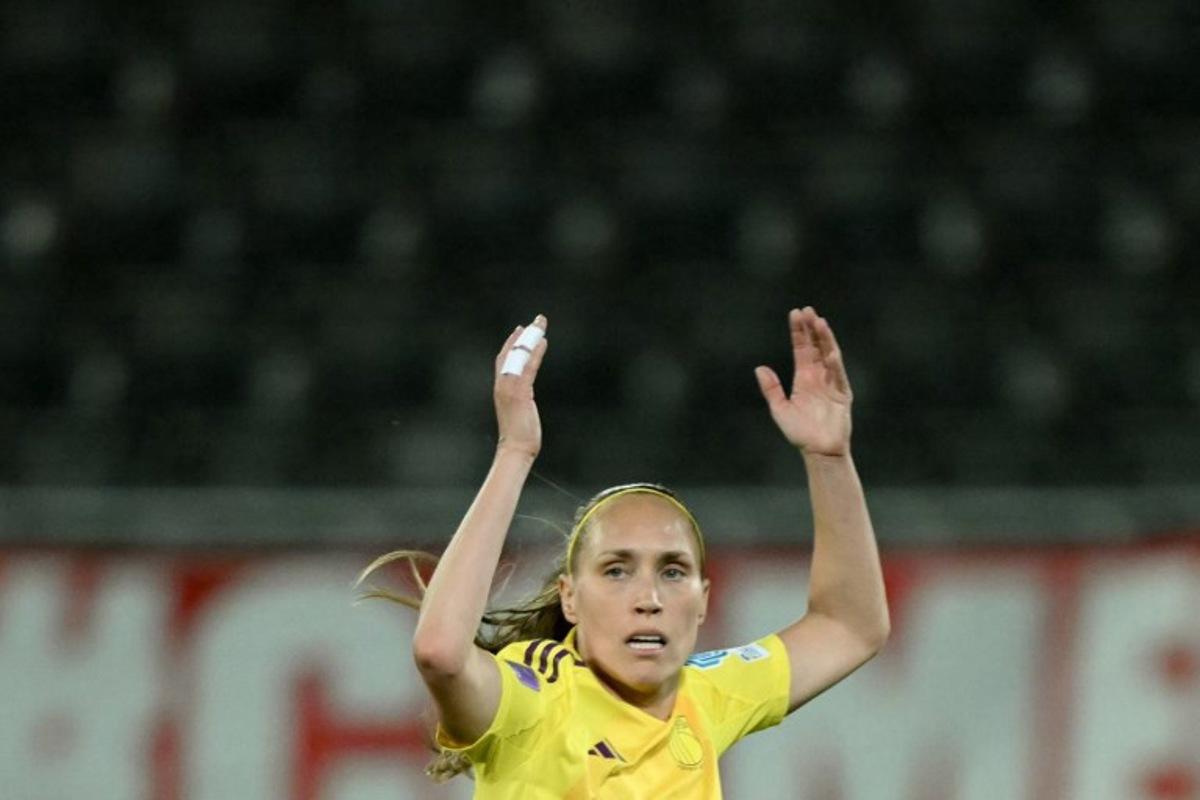 Belgium's defender #11 Janice Cayman reacts at the end of the first half of the UEFA Women's Nations League Group A3 football match between Belgium and England at the Den Dreef stadium in Heverlee, outside Leuven, on April 8, 2025.  NICOLAS TUCAT / AFP