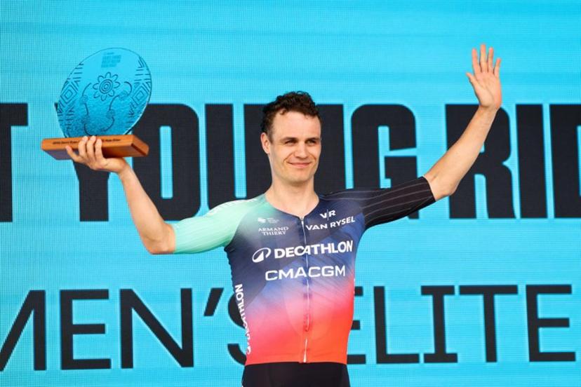 Decathlon CMA CGM Team Danish Tobias Lund Andresen celebrates winning the best young rider award in the 2026 Cadel Evans Great Ocean Men's Elite Road Race in Geelong on February 1, 2026.   CHRIS PUTNAM / AFP