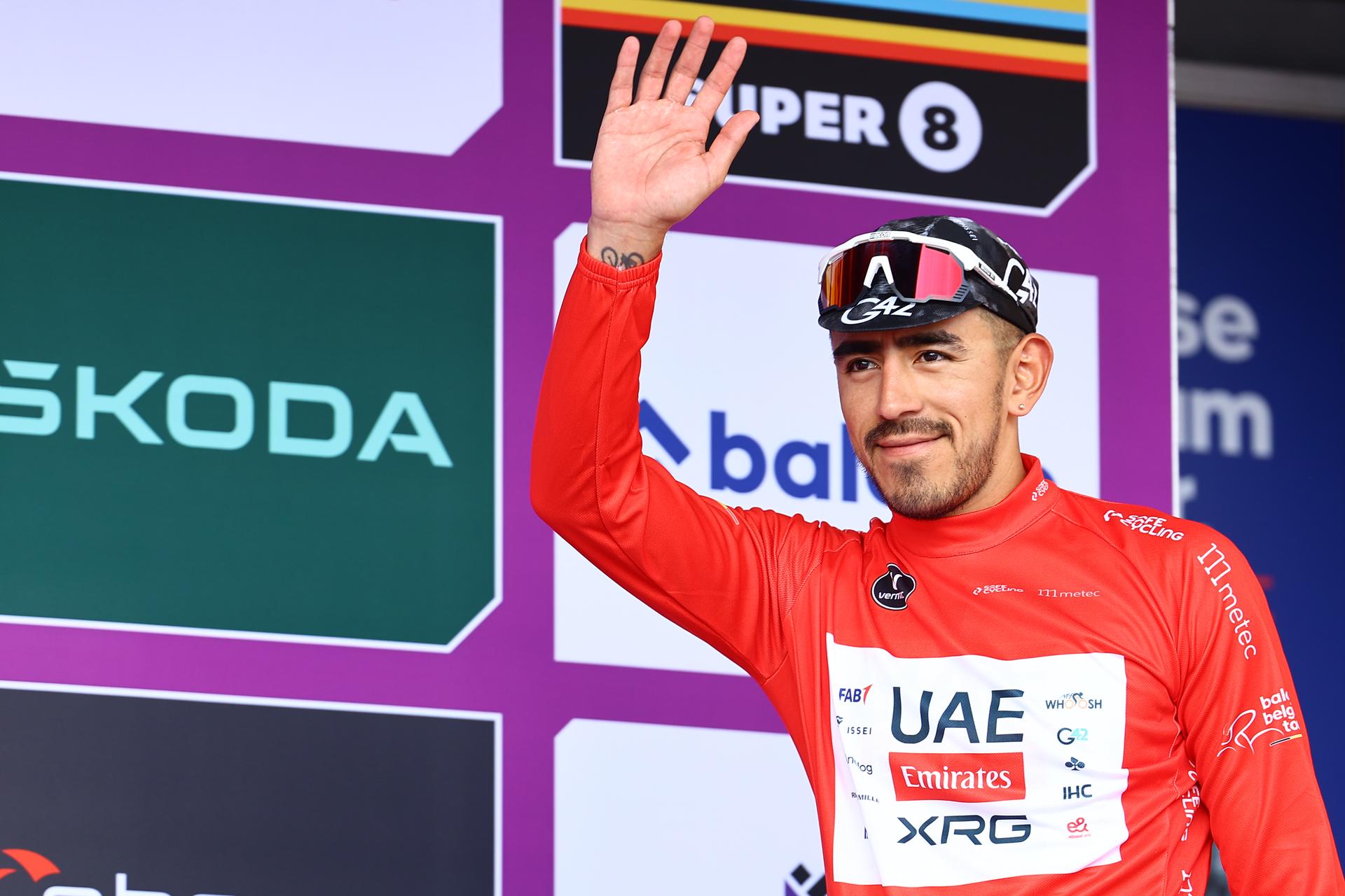 Colombian Juan Sebastian Molano of UAE Team Emirates pictured on the podium after the third stage of the Baloise Belgium Tour cycling race, a 9,7km individual time trial from Tessenderlo to Ham, Friday 20 June 2025. The Baloise Belgium Tour takes place from 18 to 22 June. BELGA PHOTO DAVID PINTENS