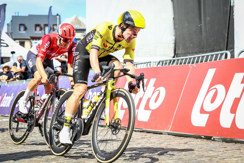 Belgian Victor Campenaerts of Team Visma-Lease a Bike pictured in action during the men's elite road race of the Belgian Cycling Championships, 230km from and to the Grand Place square in Binche on Sunday 29 June 2025. BELGA PHOTO DAVID PINTENS