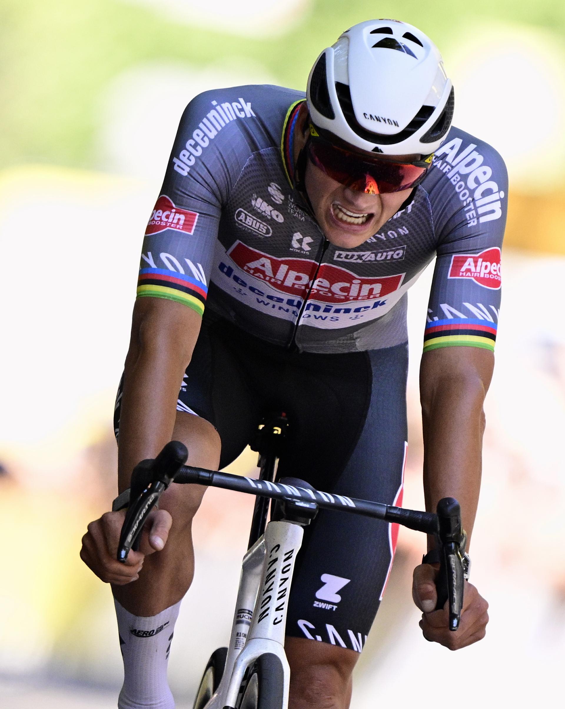 Dutch Mathieu van der Poel of Alpecin-Deceuninck crosses the finish line of stage 11 of the 2025 Tour de France cycling, from and to Toulouse (154km), on Wednesday 16 July 2025 in France. The 112th edition of the Tour de France starts on Saturday 5 July in Lille, France, and will finish in Paris, France on the 27th of July.   BELGA PHOTO DIRK WAEM