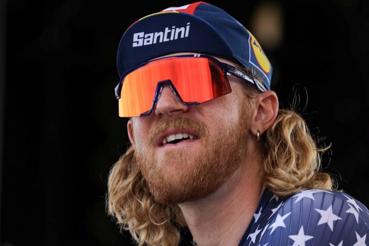 Lidl - Trek's US rider Quinn Simmons looks on from the start podium before the start of the 5th stage of the 110th edition of the Tour de France cycling race, 163 km between Pau and Laruns, in Southwestern France, on July 5, 2023.  Thomas SAMSON / AFP